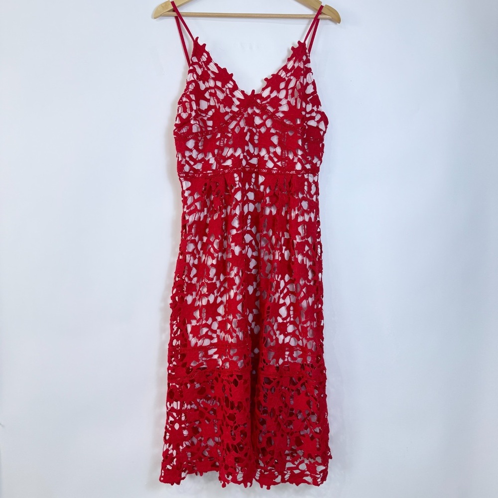 Red Lace‎ Midi Dress Size Large Sheer Floral Crochet Overlay Feminine Cocktail